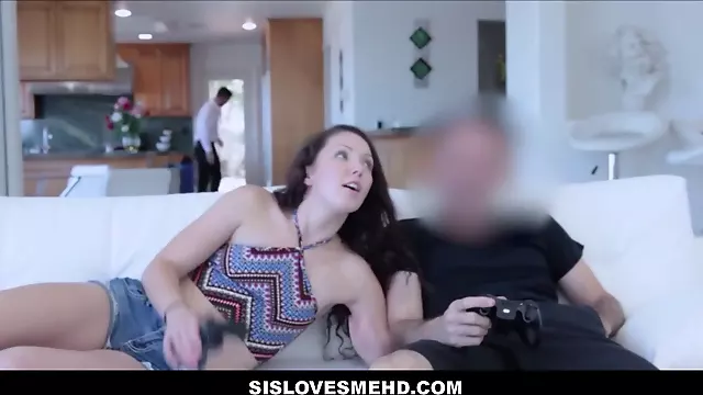 Adorable dark haired teenie step sista victoria vixxen fucking step stepbro in front of dad while frolicking video games