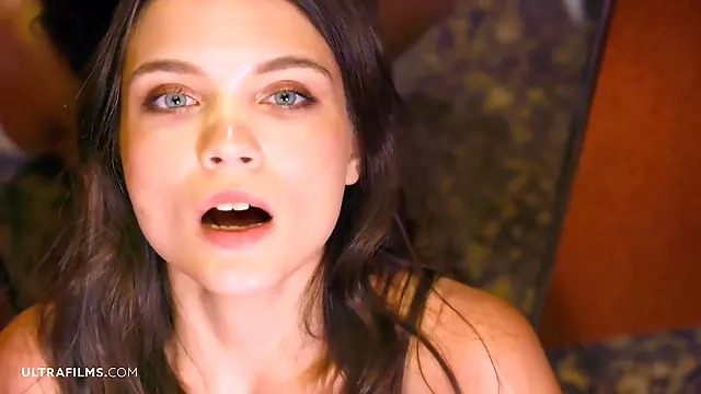Gorgeous flexible green eyed brunette model Elizabeth T fingering her wet pussy in the elevator - Solo girl