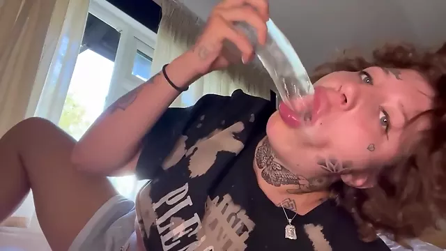 Girl Sucks Dildo So Hard She Makes Herself Cry Hard And Sloppy Blowjob By Tatted Sexy Bitch