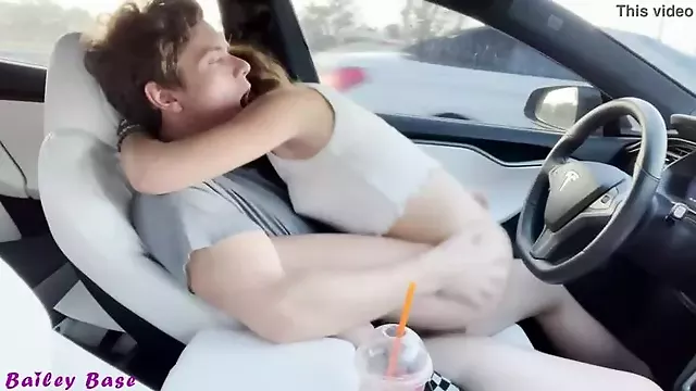 Sexy Petite Teen Fucking Tesla Autopilot While Driving